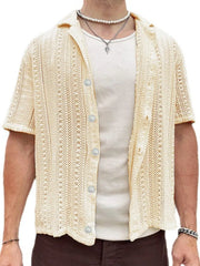 Beige open-knit resort shirt with short sleeves and button-down front.