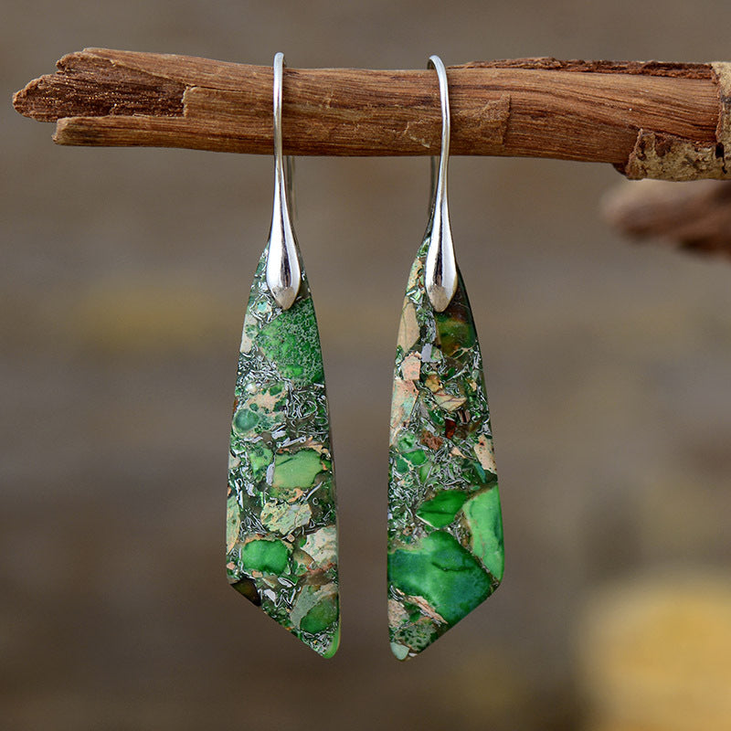 Green/Silver marbled stone dangle earrings with silver hooks.
