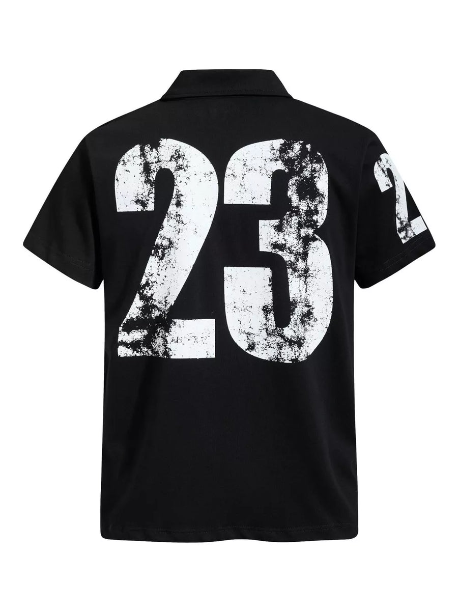 Black cotton polo shirt with distressed white number 23 graphic on back.