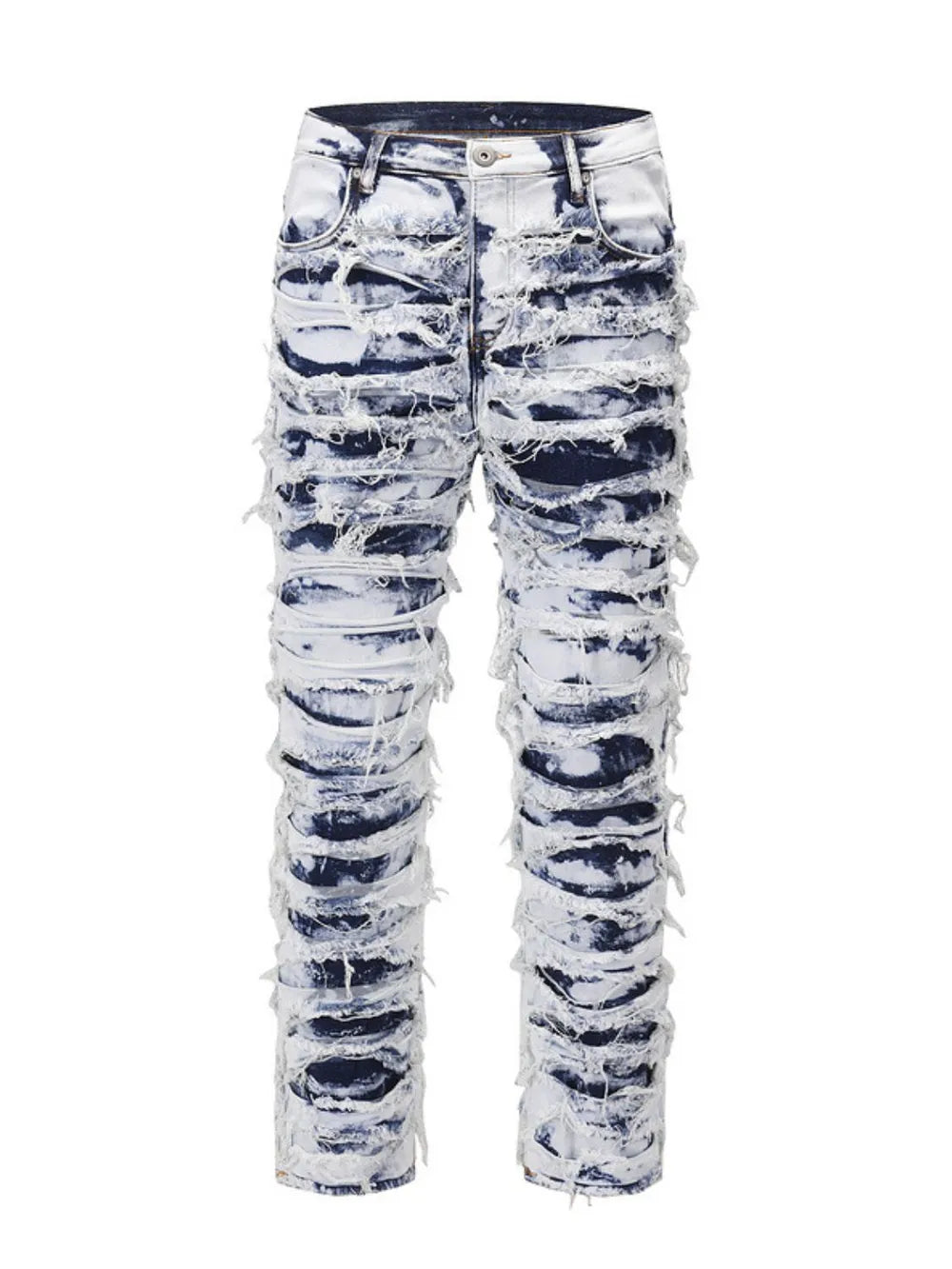 Distressed shredded denim jeans in medium wash with artistic sculptural pattern.