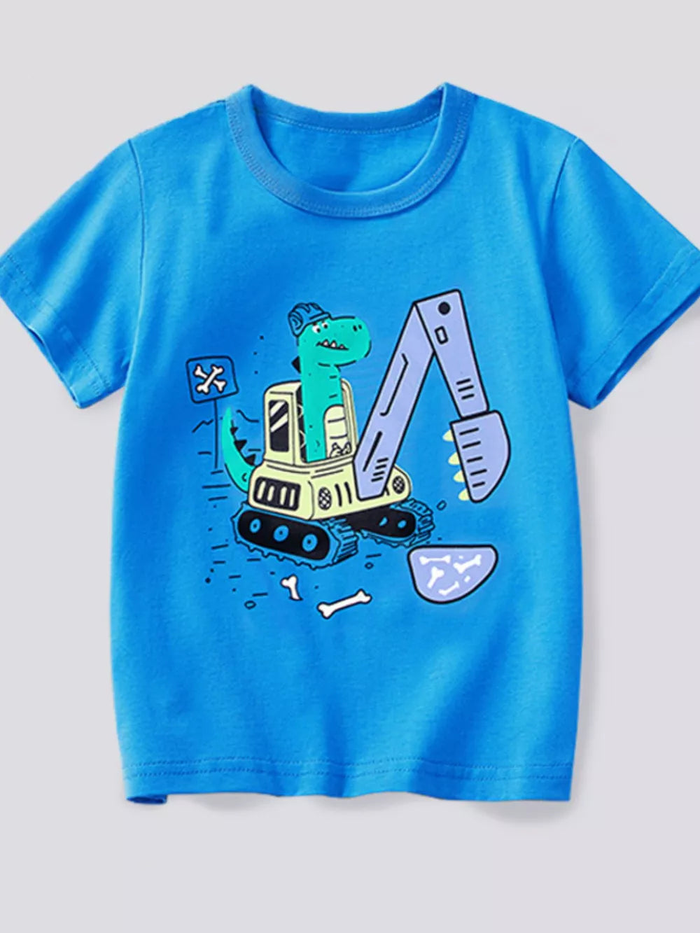 Blue short sleeve t-shirt with dinosaur excavator graphic