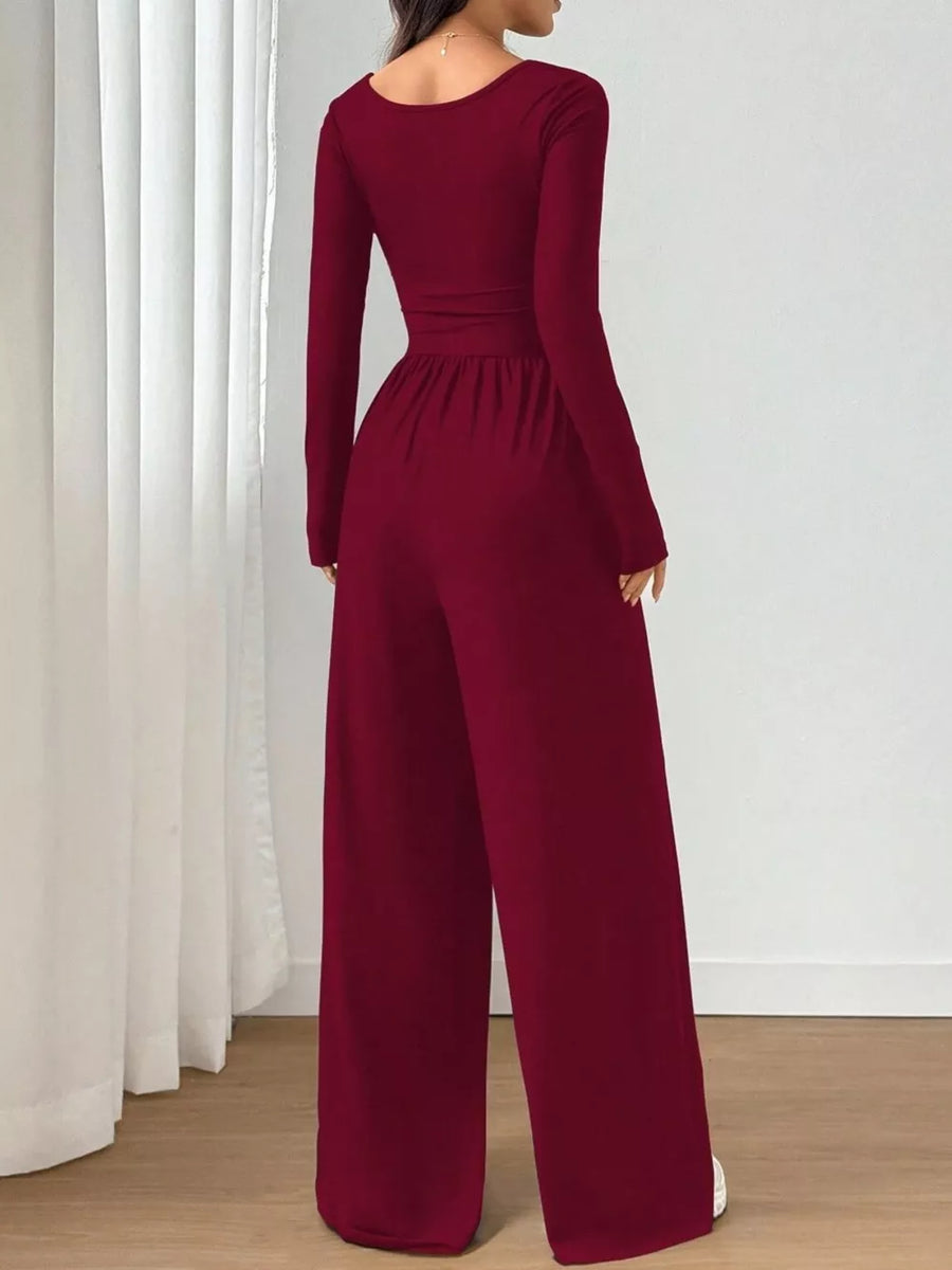 Ruched Square Neck Wide-leg Jumpsuit in Brown, view 18