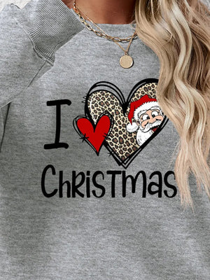 Festive Heart Graphic Sweatshirt in Dark Gray with I Love Christmas text and Santa graphic.
