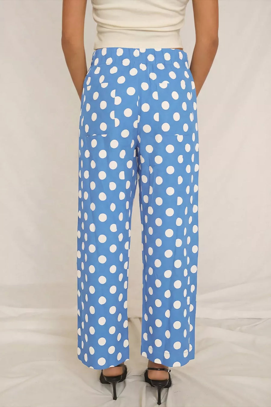 Blue polka dot cropped pants with pockets, wide leg, and elastic waist.
