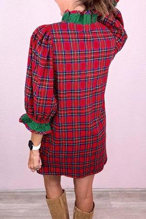 Plaid Ruffle Cuff Button Front Mini Dress option 7