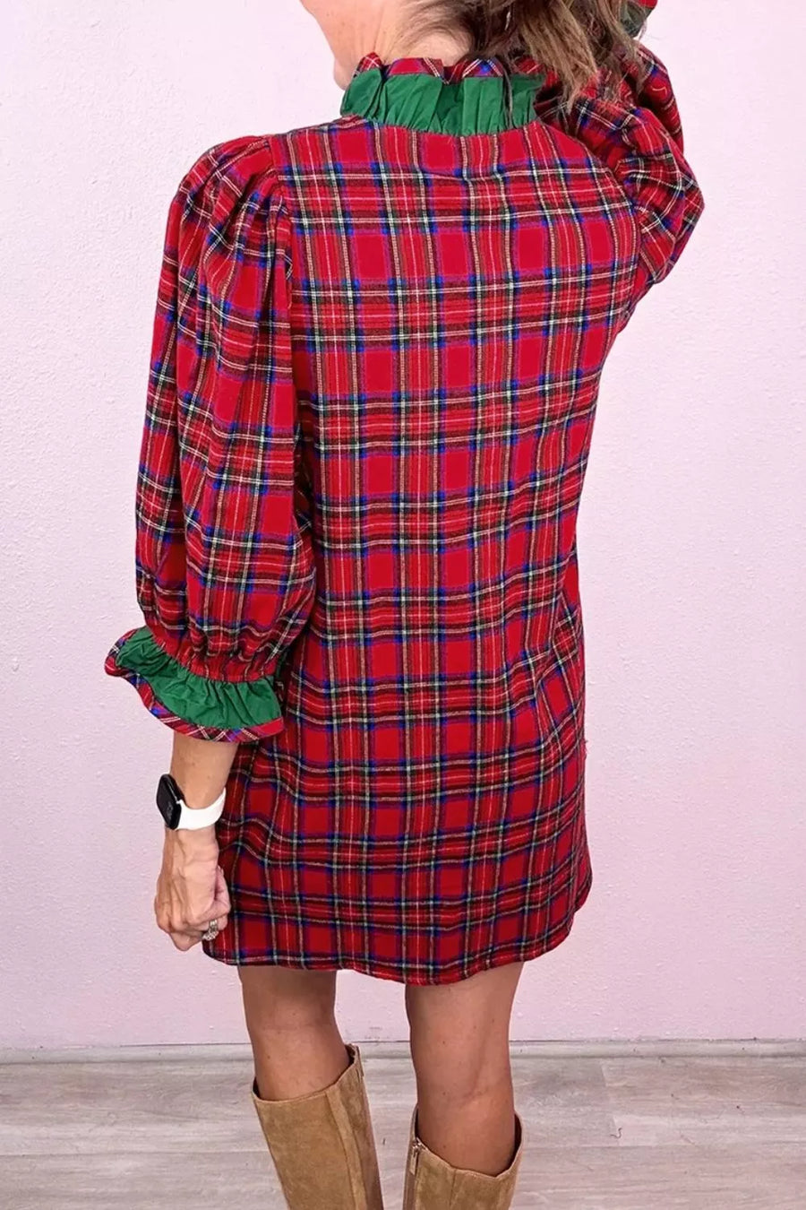 Plaid Ruffle Cuff Button Front Mini Dress option 7