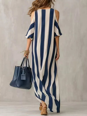 Dark Blue Striped Cold Shoulder Maxi Dress