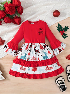 white fit-and-flare dress featuring ruffled and reindeer print
