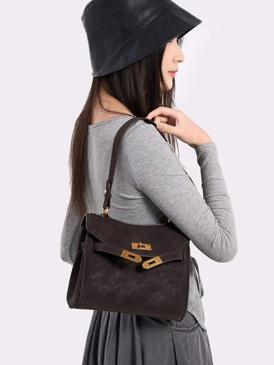 PU Leather Imported Size &amp crossbody bag in dark brown with boxy silhouette