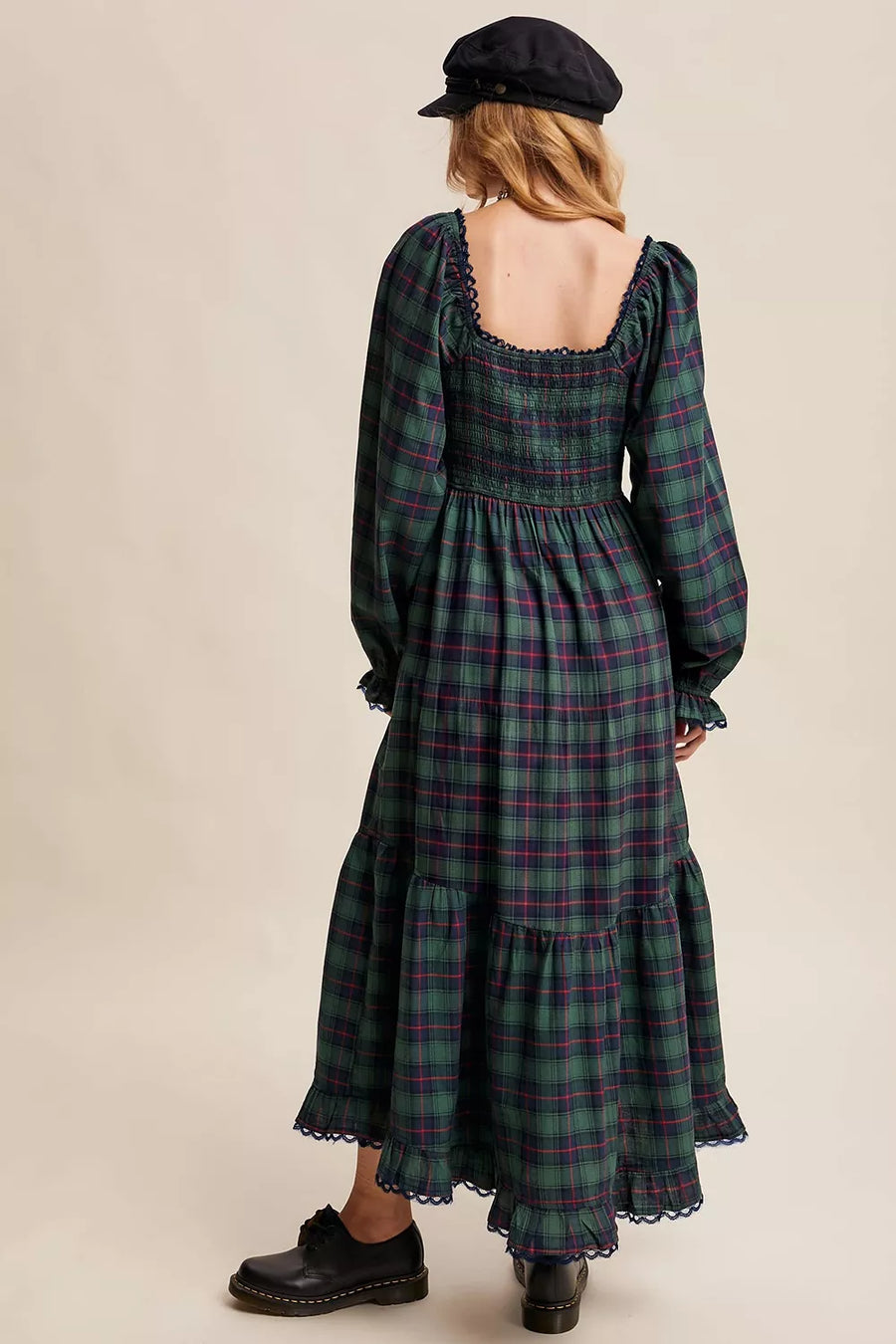 Black Forest, Plaid Long Sleeve Tiered Midi Dress in Black Forest