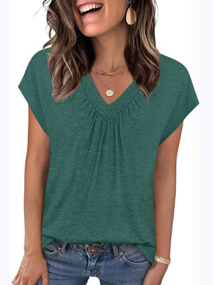 Dark green ruched v-neck t-shirt with short sleeves.