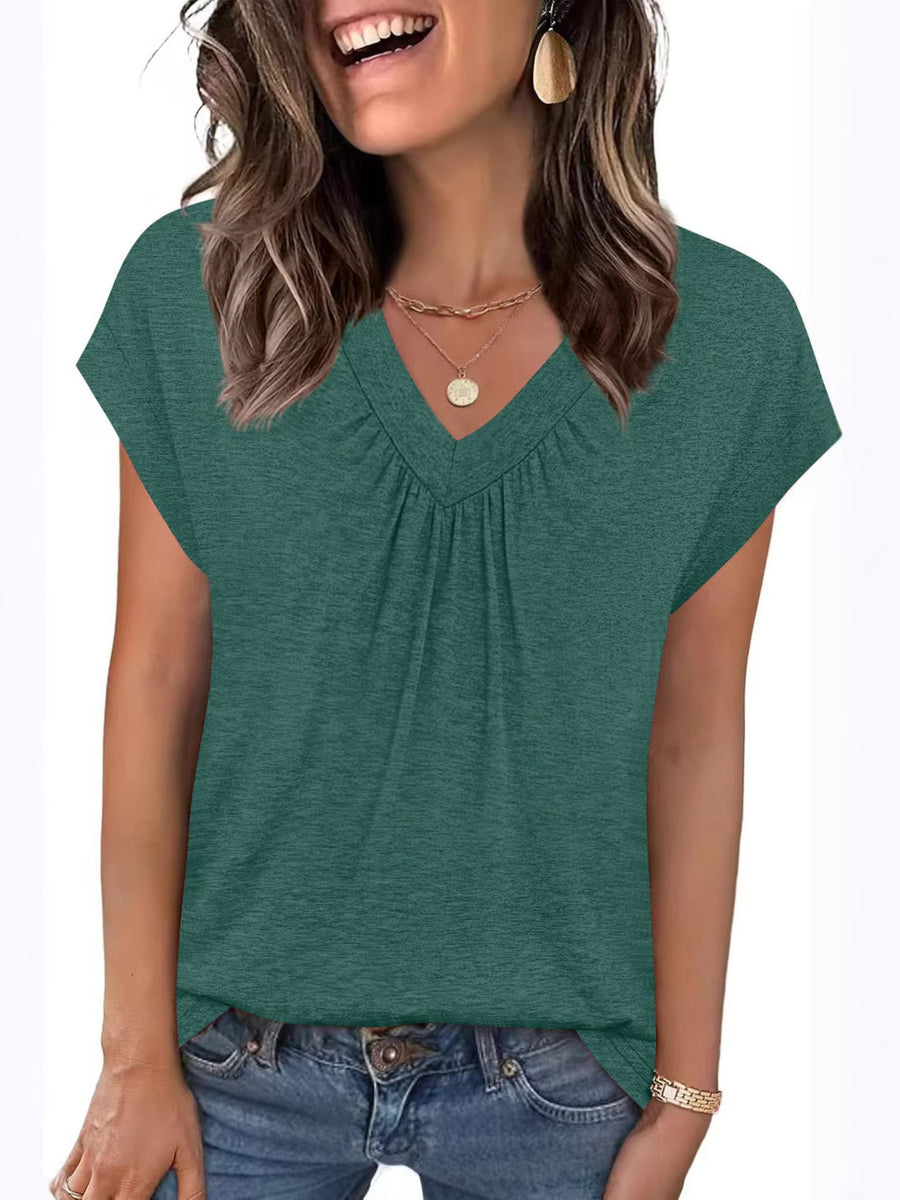 Dark green ruched v-neck t-shirt with short sleeves.