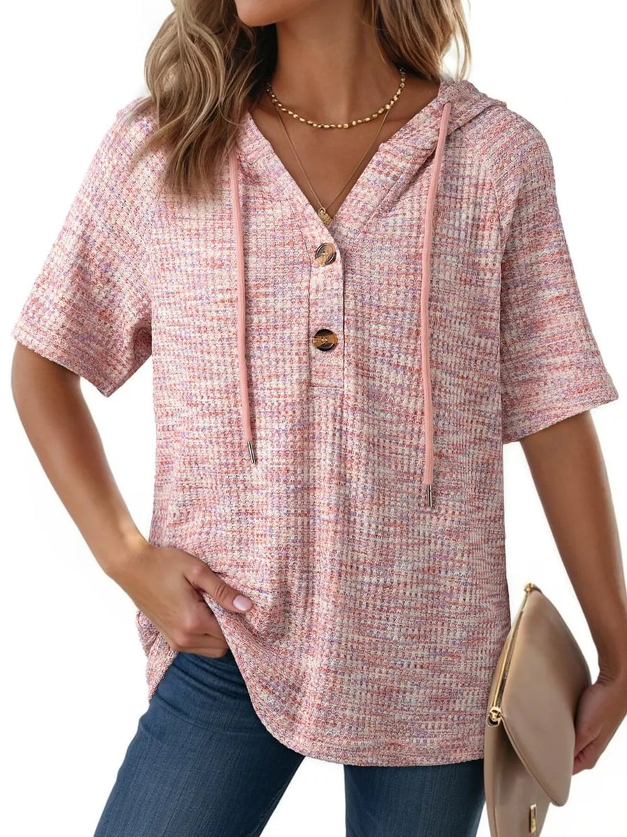 Waffle knit hooded t-shirt in pink with button detail and drawstring hood.
