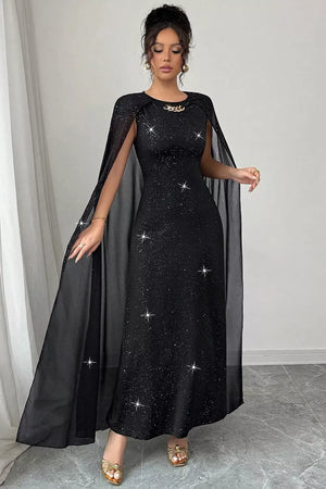 black maxi dress with stretch and cape sleeve
