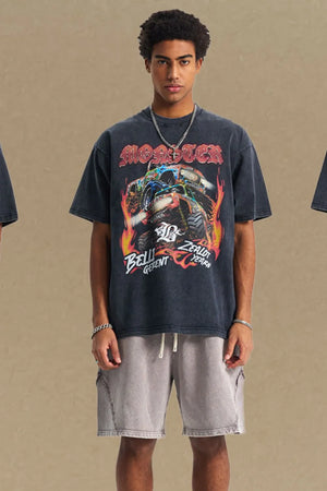 Black vintage graphic tee with monster truck and flames design