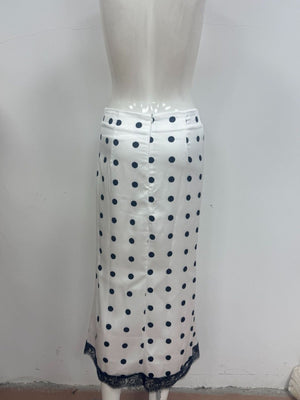 Polka Dot Midi Skirt With Lace Trim in black with lace