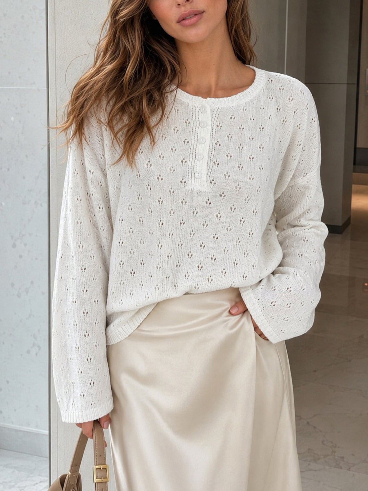 ivory pullover sweater with pointelle and henley
