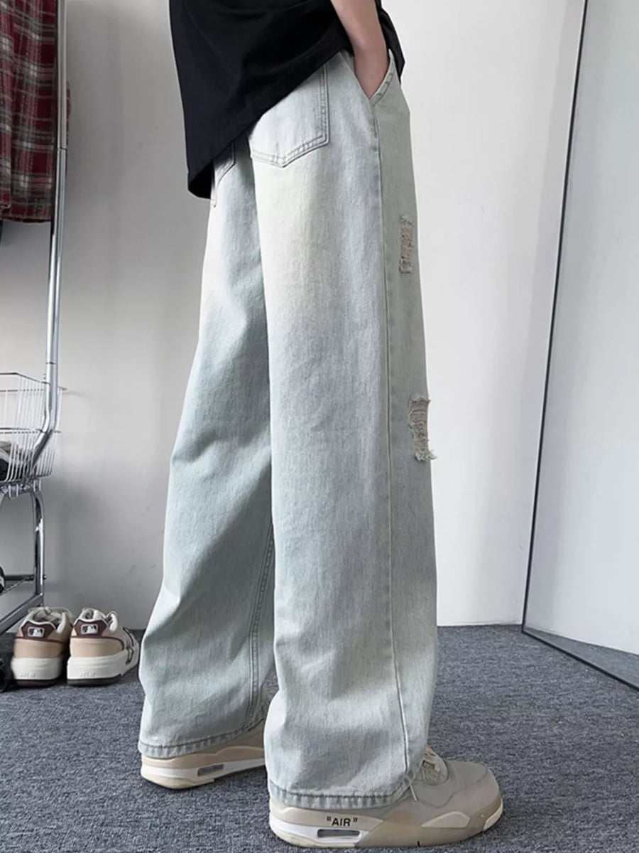 Light blue distressed wide-leg jeans with a relaxed fit.