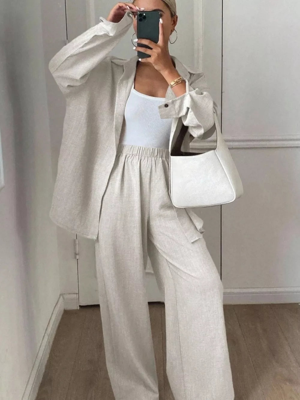 Dark Blue two-piece set with hip-length and button-front