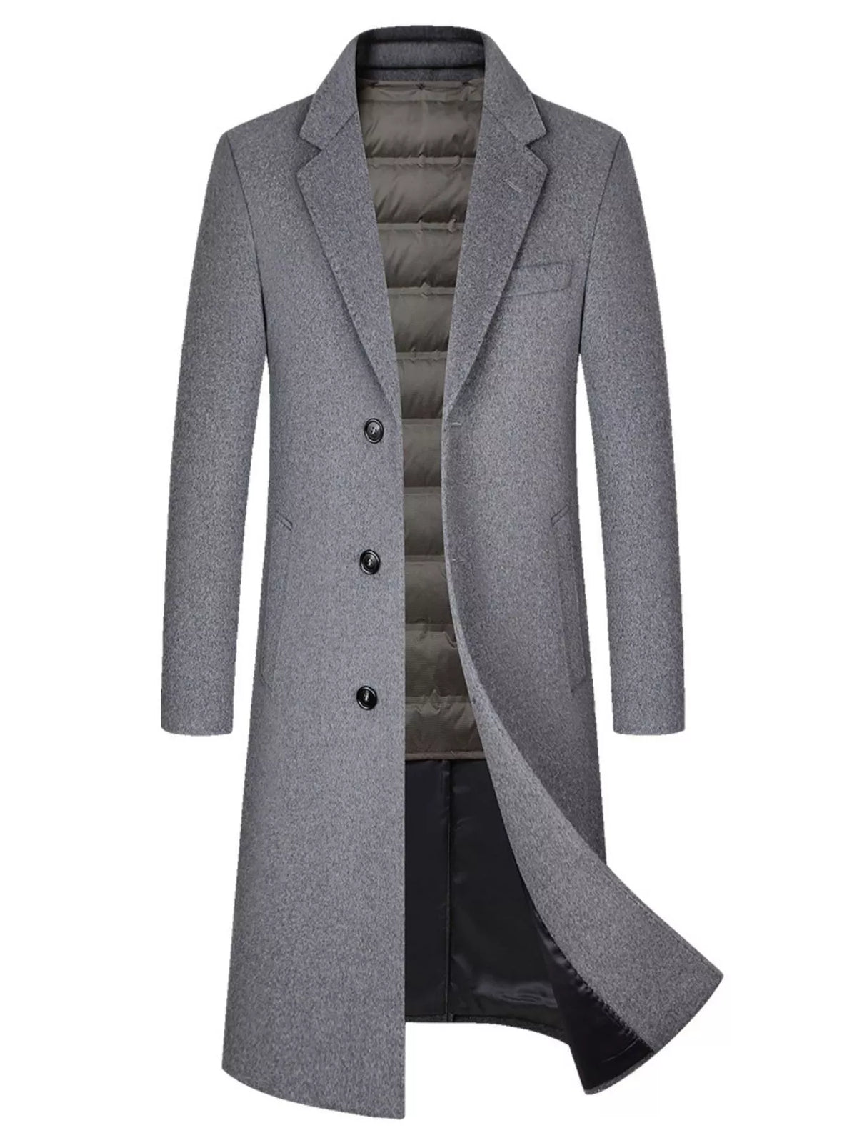 Men's classic button up overcoat in dark gray with a quilted inner lining and notched lapels.
