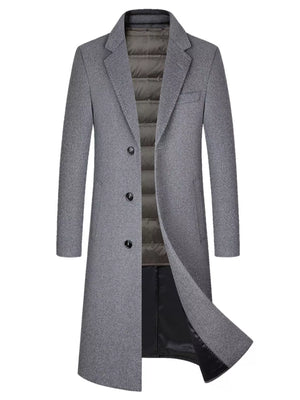 Men's classic button up overcoat in dark gray with a quilted inner lining and notched lapels.