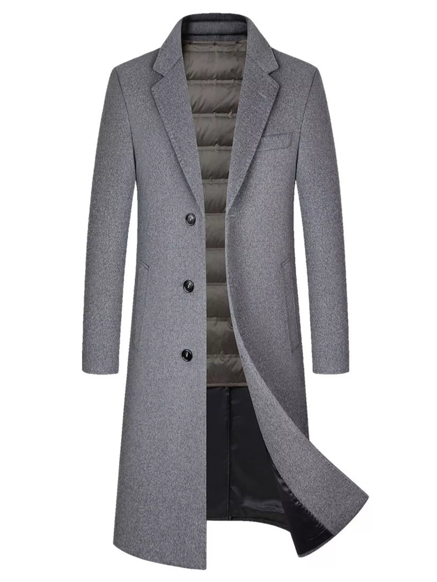 Men's classic button up overcoat in dark gray with a quilted inner lining and notched lapels.