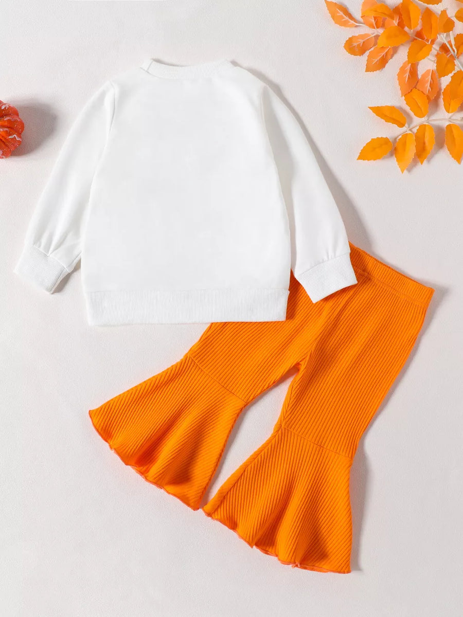 sweatshirt and pants set featuring graphic print in orange with 65% cotton, 35% polyester Care instructions: Machine wash
