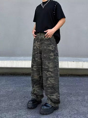 Men's dark camo print loose-fit cotton jeans with a casual style.
