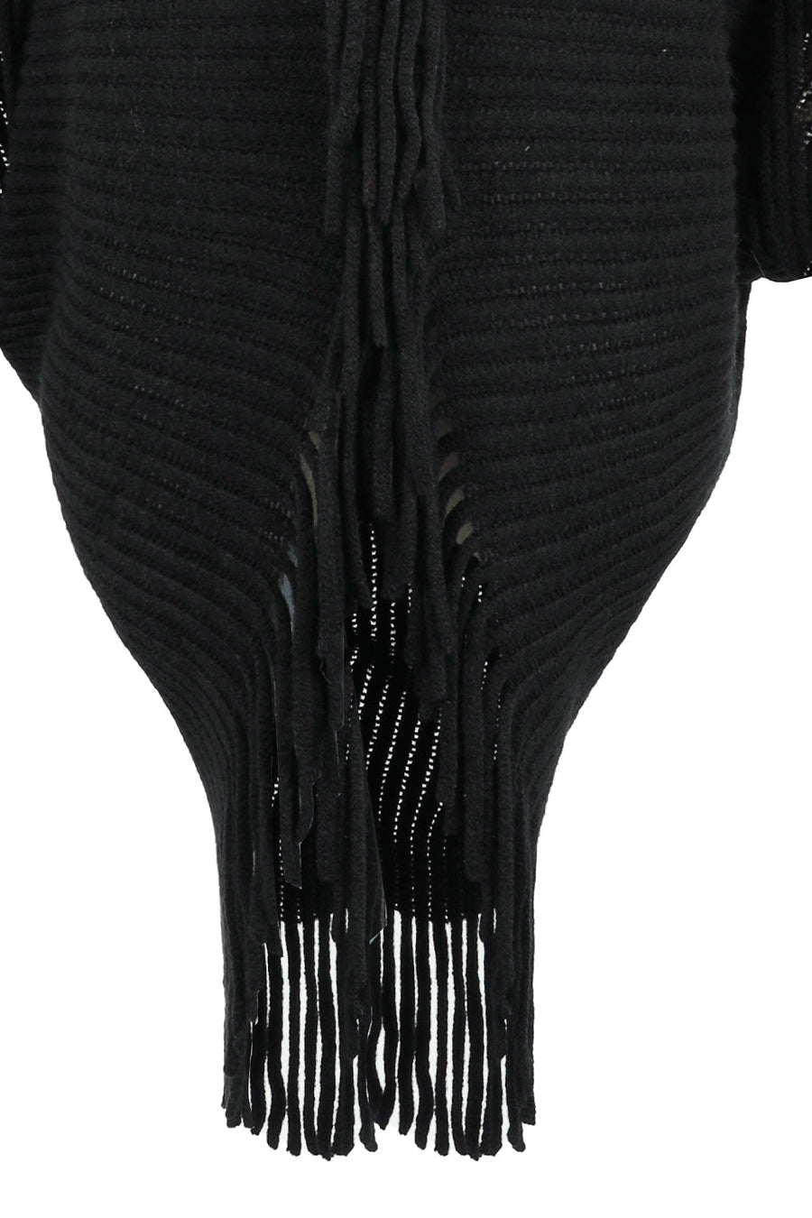Black knit cape with fringe detail and open knit pattern.