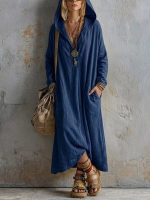 Long Sleeve Hooded Midi Dress With Pockets in White