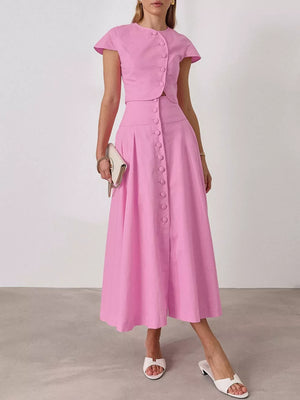 100% cotton Care instructions: Machine wash cold skirt set in Pink with fitted top with A-line skirt silhouette