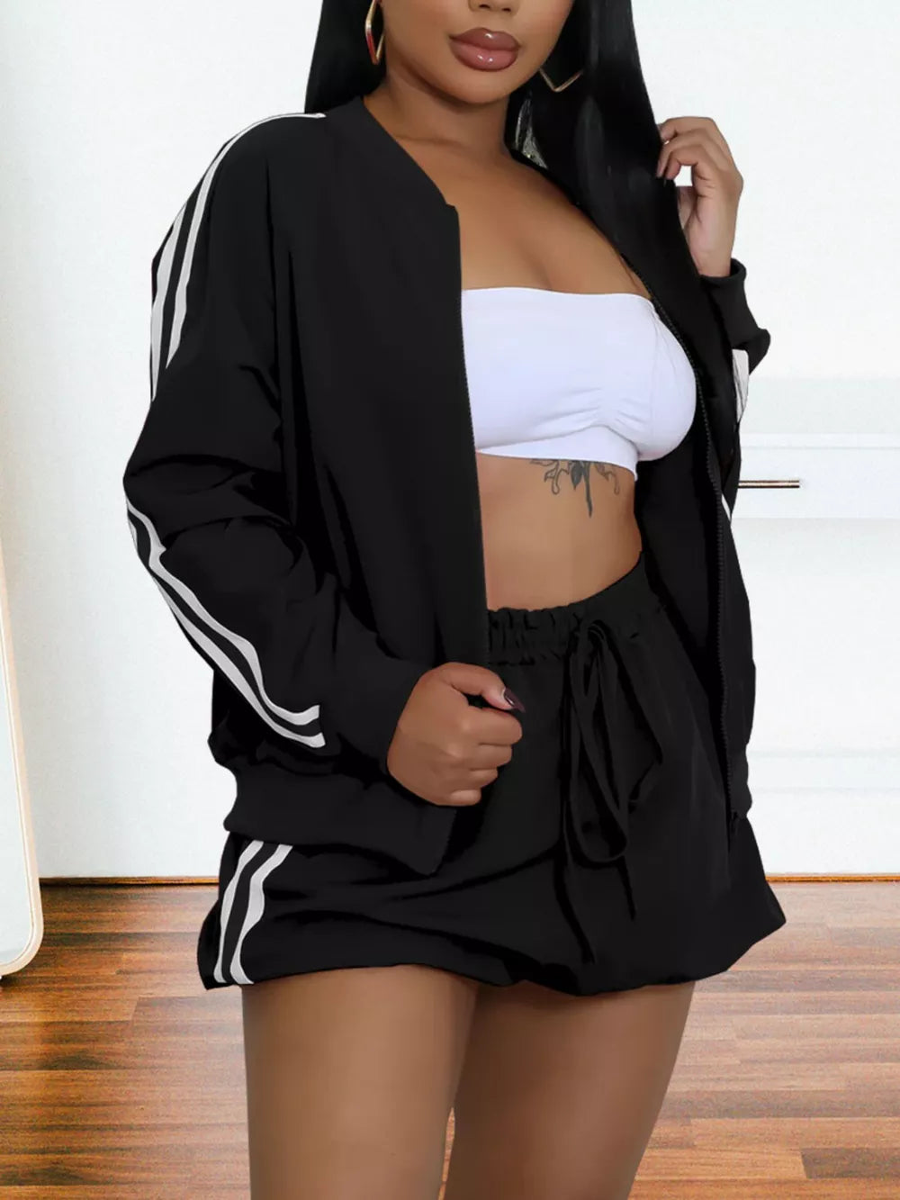 Black Striped Zip Up Outerwear And Shorts Set