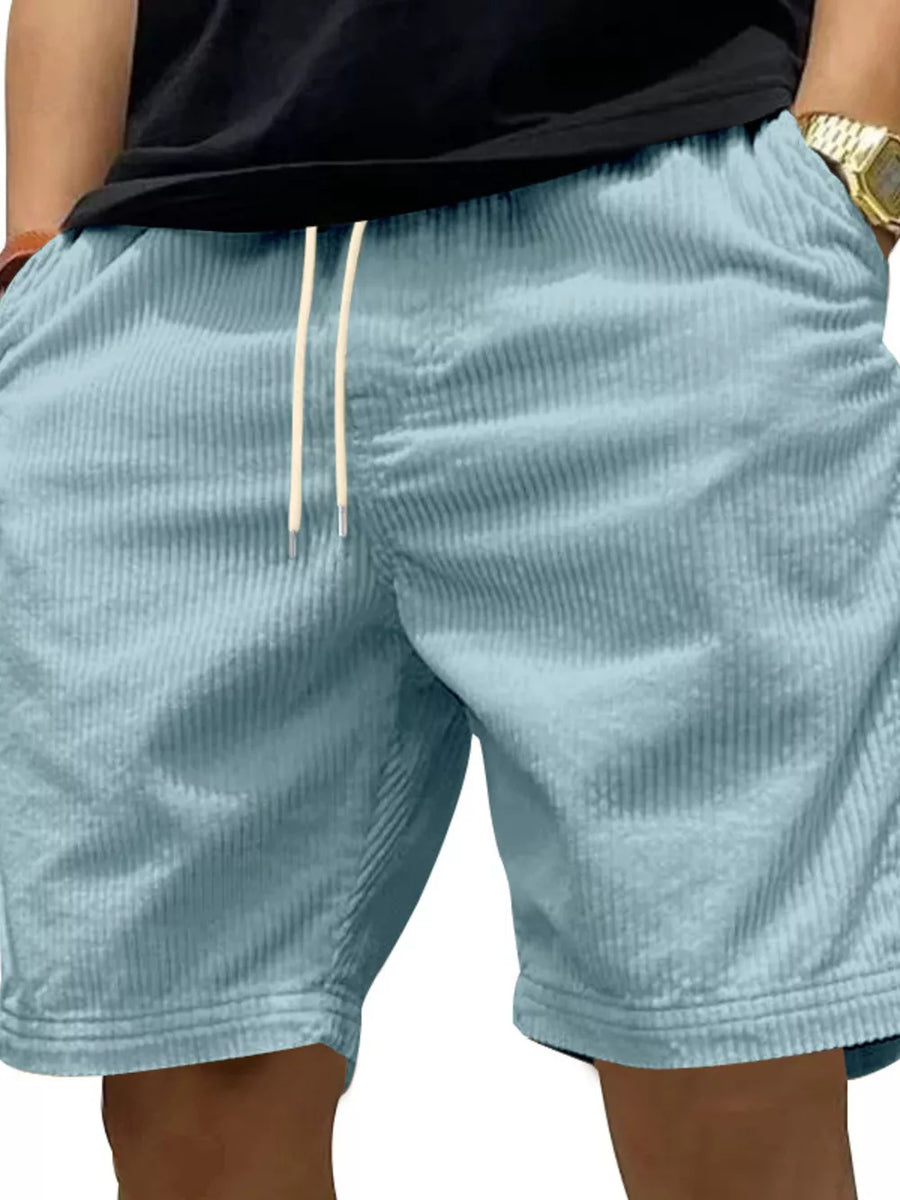 Light blue corduroy drawstring men's shorts with pockets