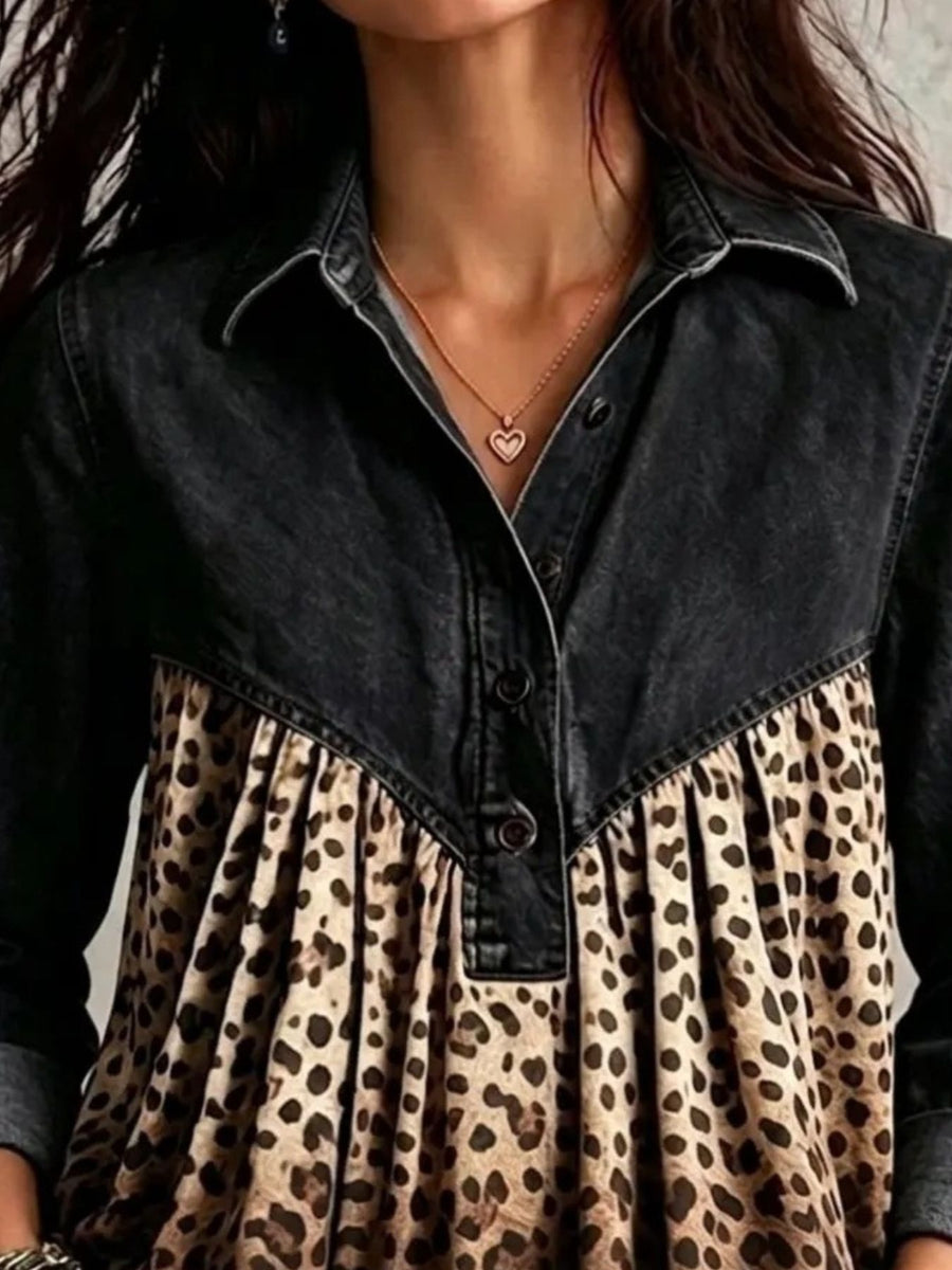 tan blouse with half-button and leopard