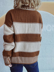 Textured stripe mock neck knit sweater in caramel and cream with ribbed details.