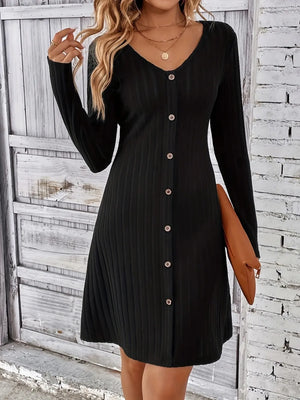 black mini dress with ribbed and v-neck