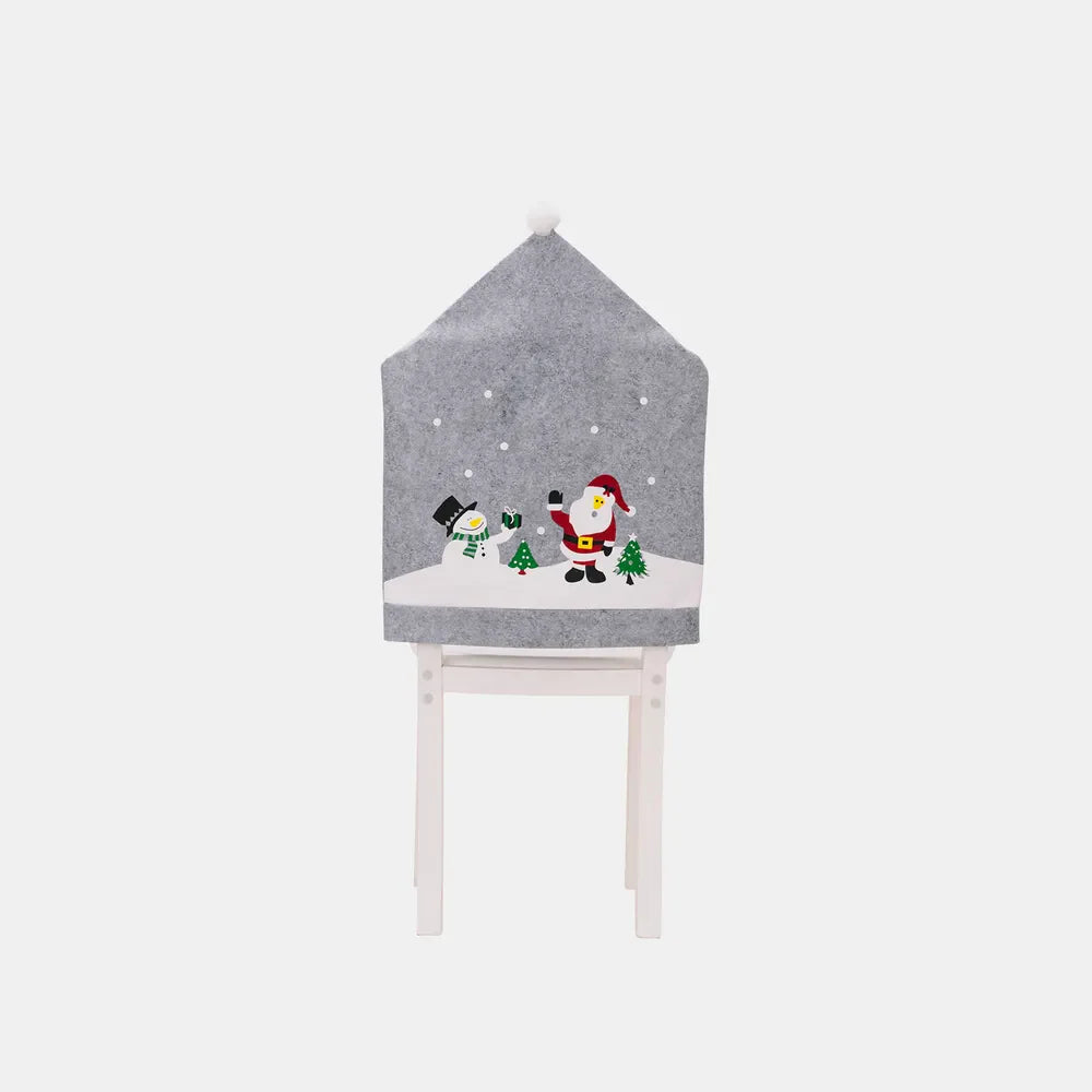 Gray chair cover with Santa and snowman holiday scene applique, felt material.