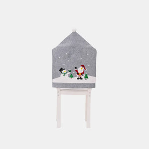 Gray chair cover with Santa and snowman holiday scene applique, felt material.