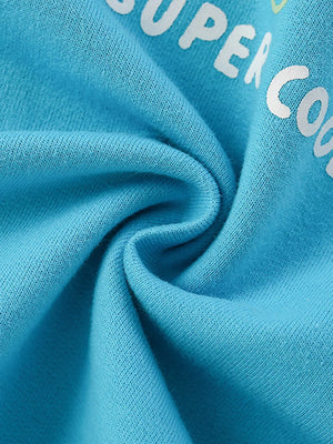 Pastel blue cotton sweatshirt with white "SUPER COOL" graphic detail