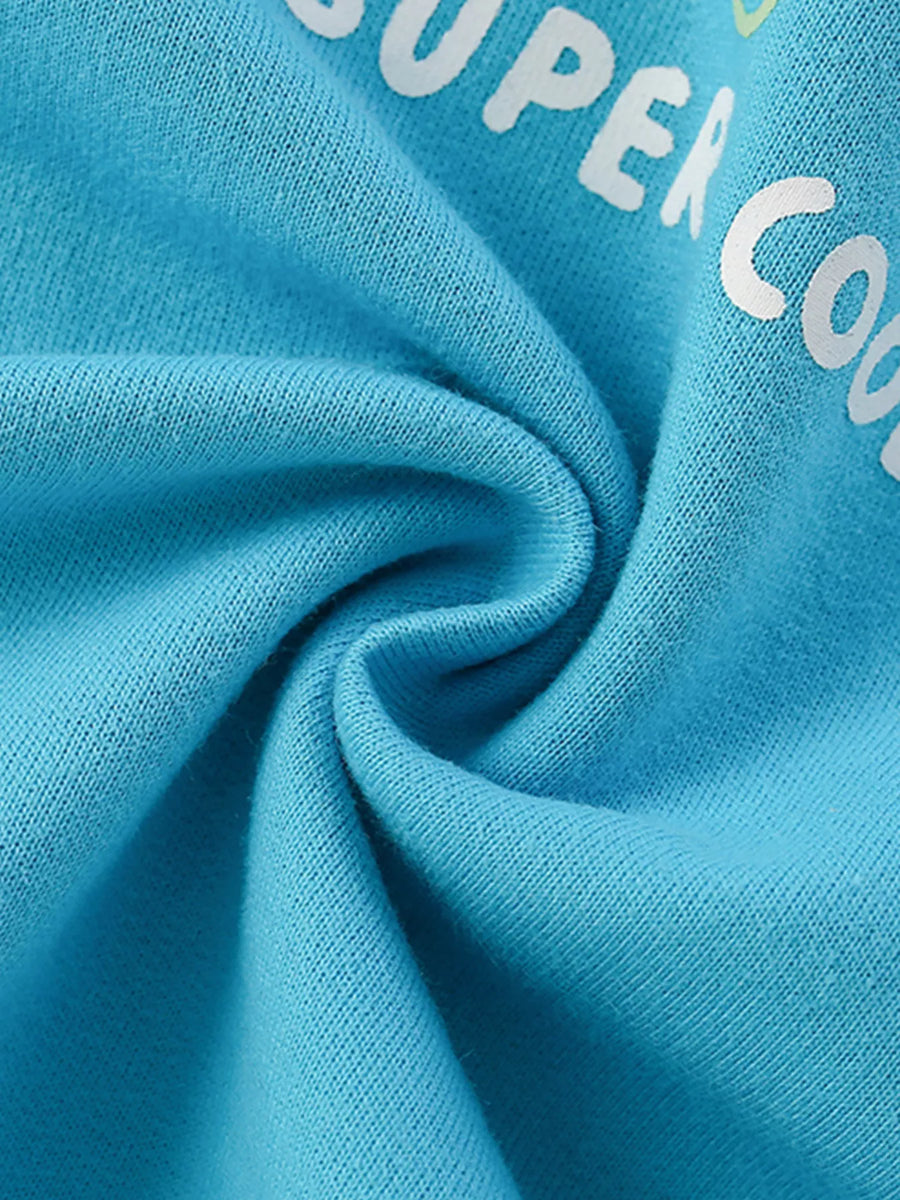 Pastel blue cotton sweatshirt with white "SUPER COOL" graphic detail