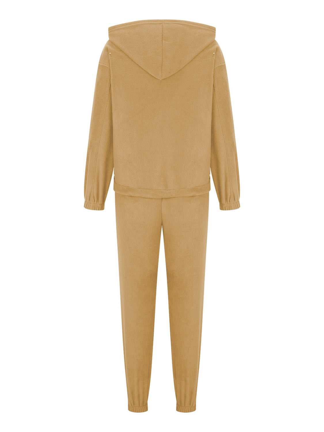 Tan fleece hoodie and jogger set with elastic cuffs and waistband.