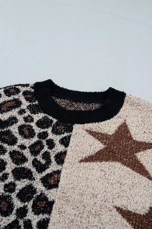black pullover sweater with pullover and leopard-print, animal-print, star