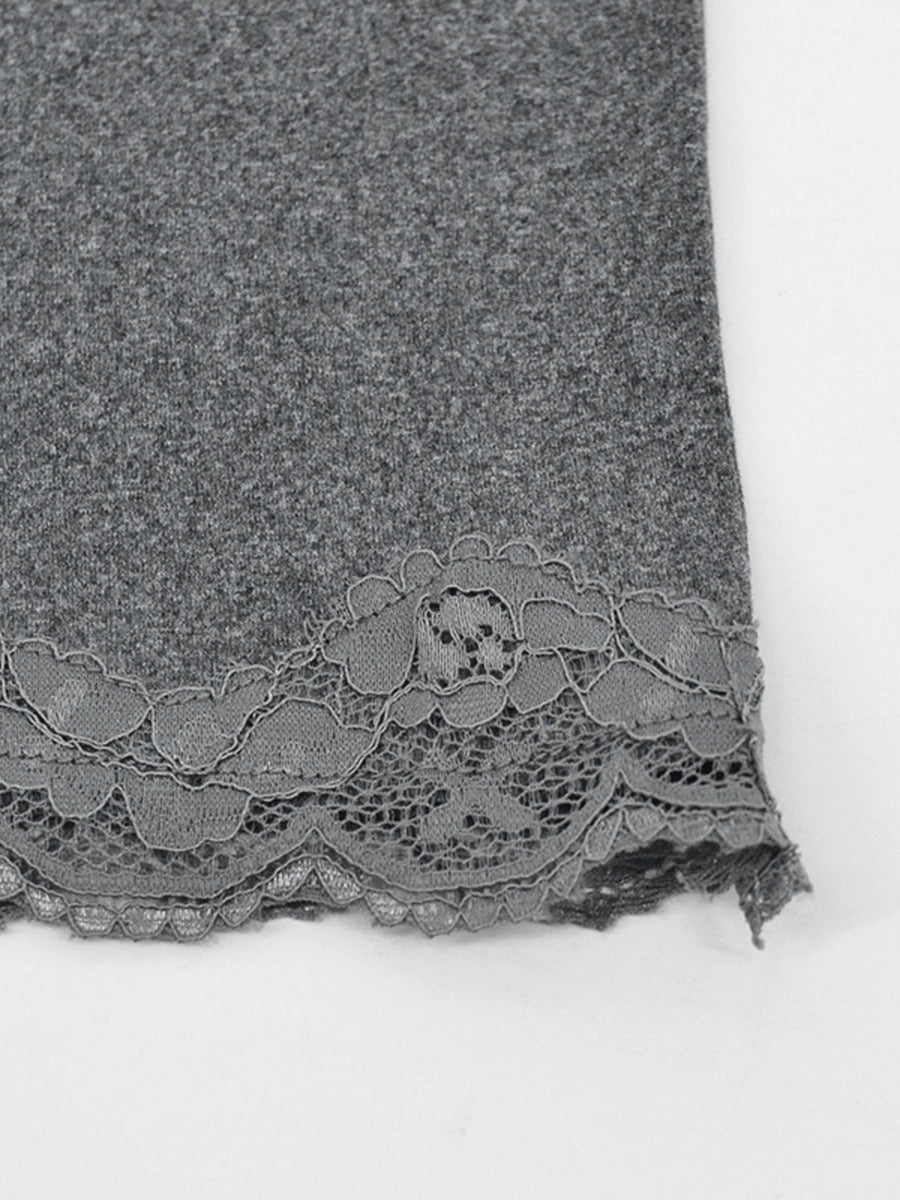Grey bodycon mini dress with lace trim hem detail