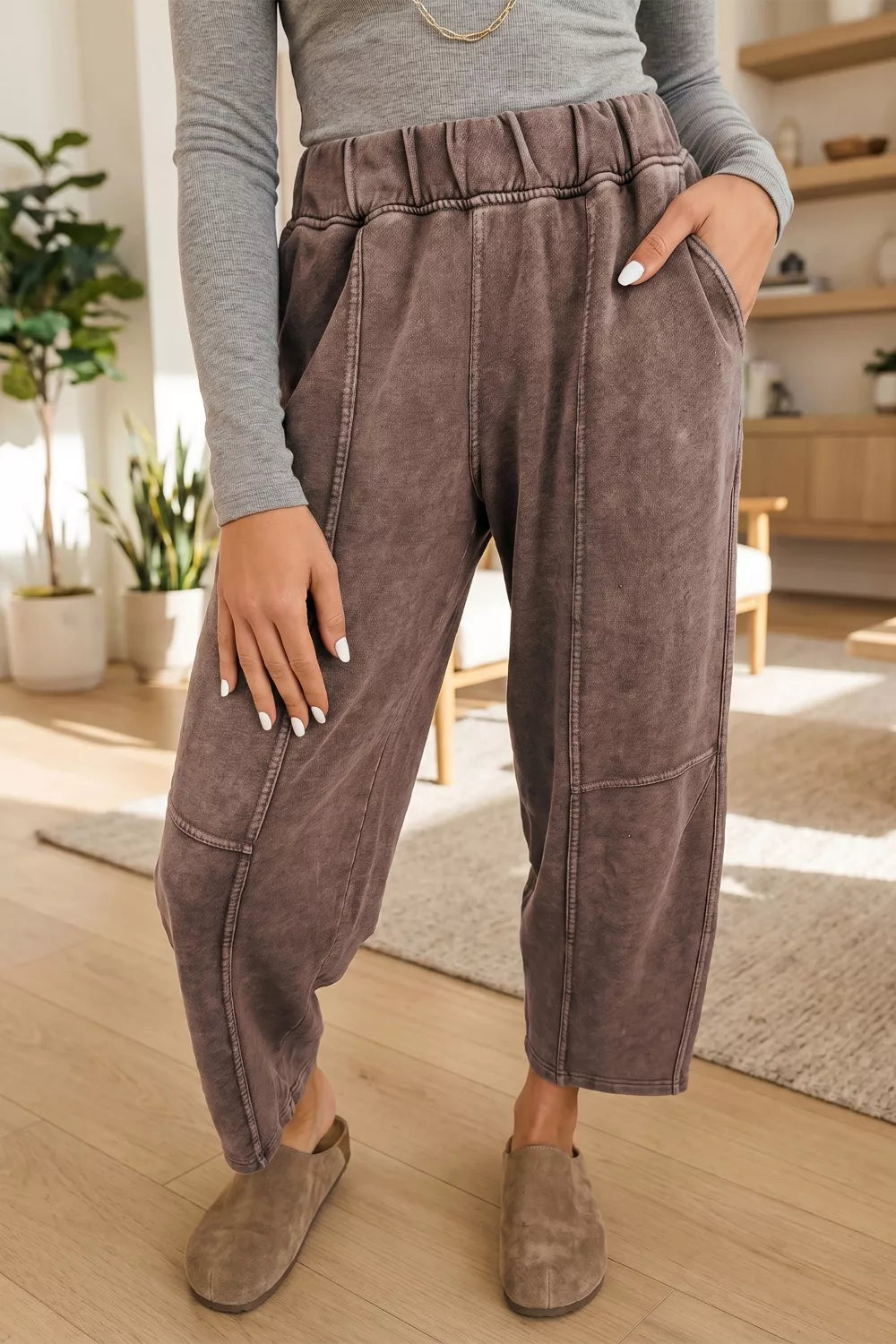 Brown mineral wash cotton blend cropped pants with elastic waist and seam details