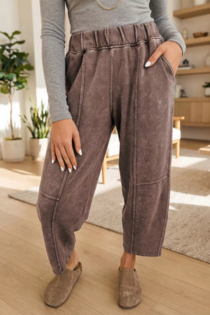 Brown mineral wash cotton blend cropped pants with elastic waist and seam details