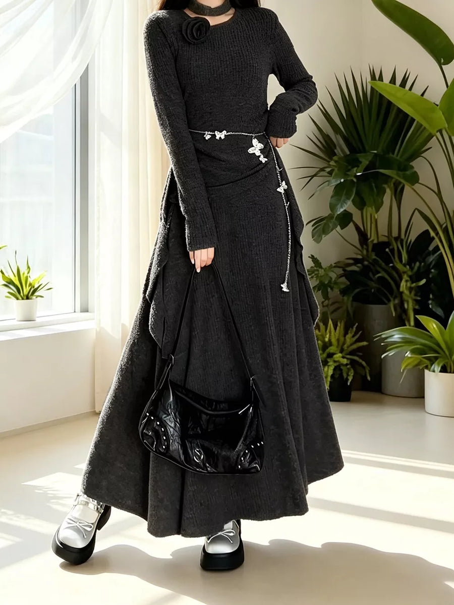 Ribbed Knit Long Sleeve Top And Skirt Set in this colorway
