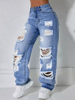 Dark Blue Distressed Wide Leg Jeans