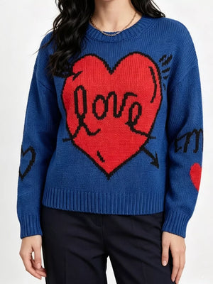 Heart Round Neck Ribbed Sweater in Black