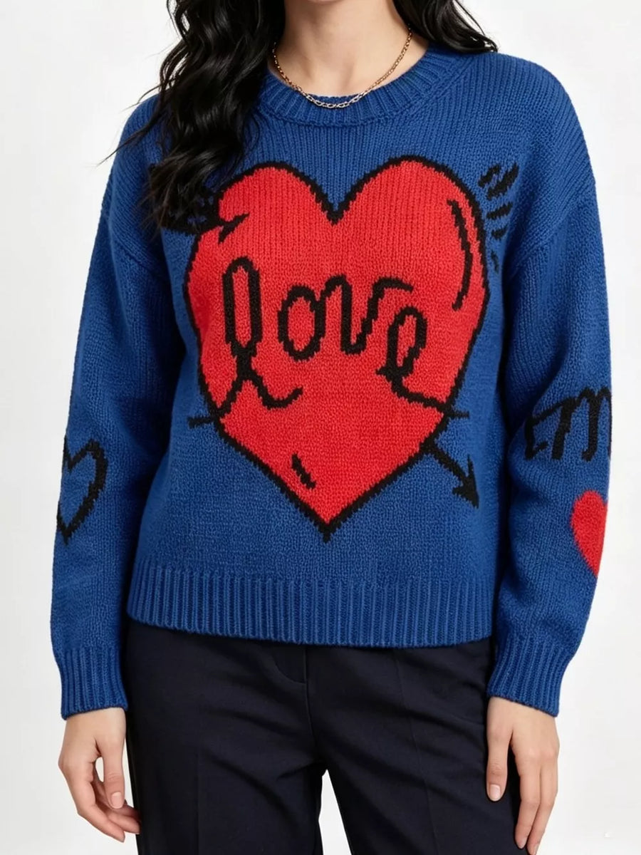 Heart Round Neck Ribbed Sweater in Black