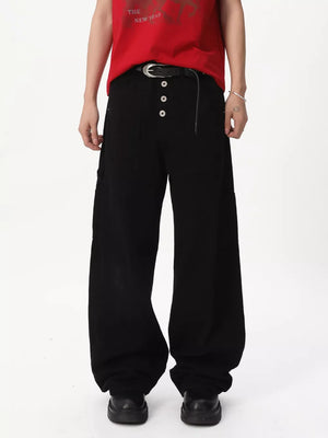 Black cotton relaxed wide-leg cargo pants with button fly and utility pockets.